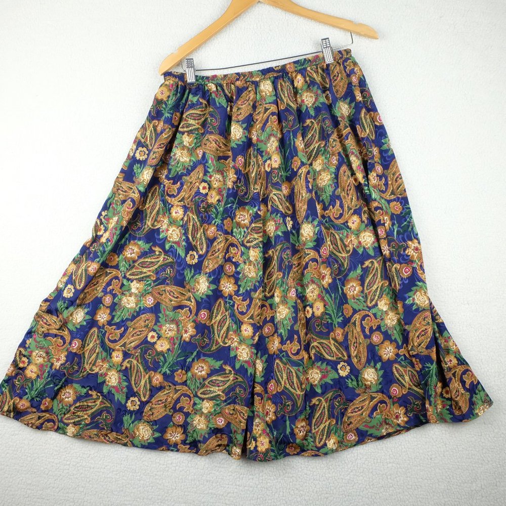 Vintage Circle Skirt Womens 12W Beige Blue Paisley Midi Lightweight Pleated 80s
